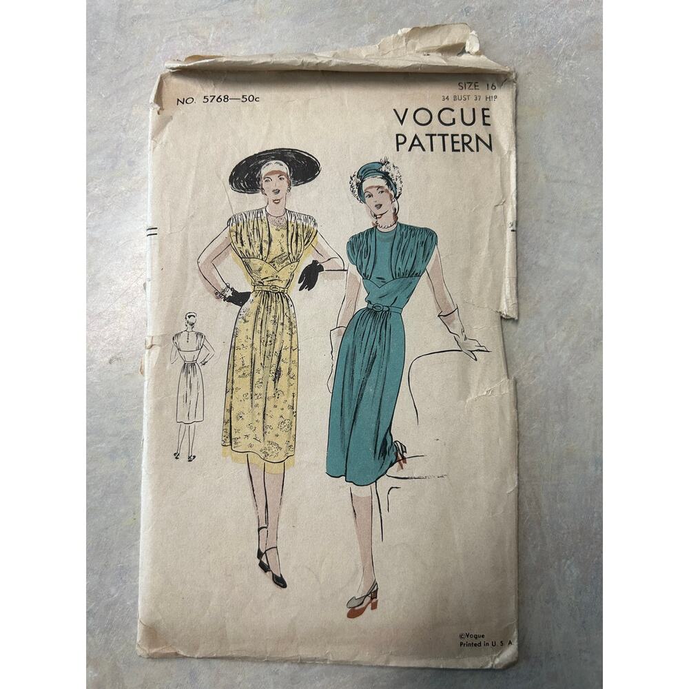 Vintage 1940's Vogue Pattern #5768 Cocktail Dress Size 16 HTF‎